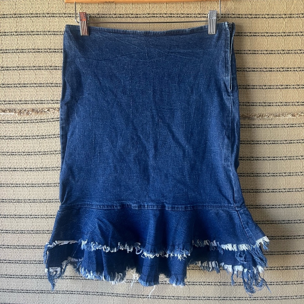 Necessary Objects Stretchy Blue Jean Frayed Midi Skirt